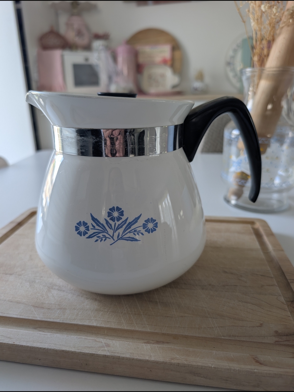 White Ceramic Coffee Carafe/ Teapot with Blue Floral Design and Black Handle